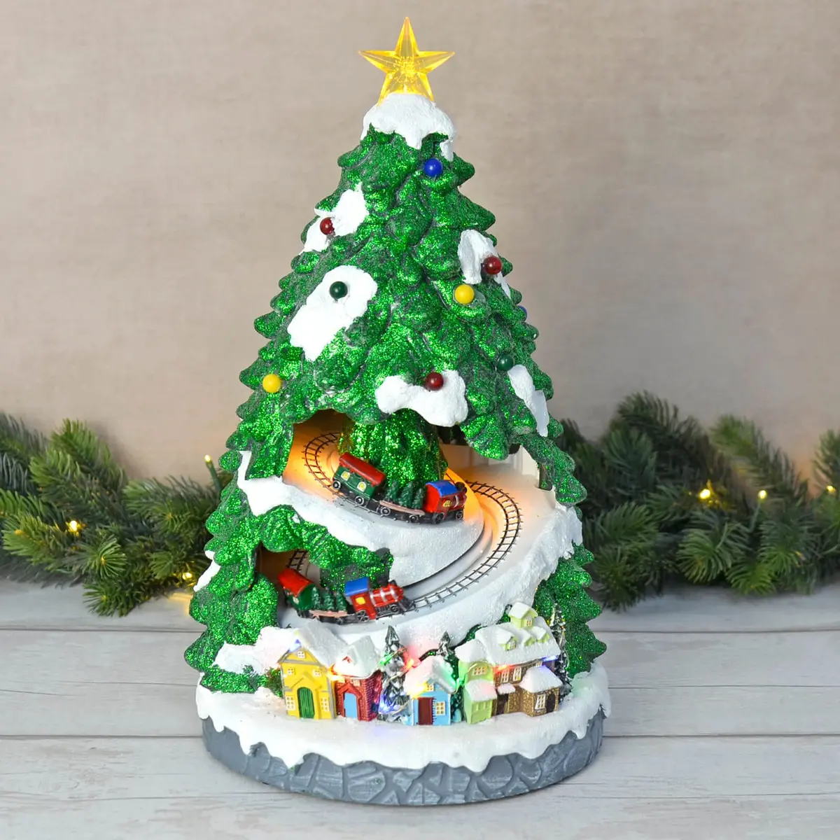 Christmas Tree Light Up Moving Trains Musical Snow Scene 39Cm 1
