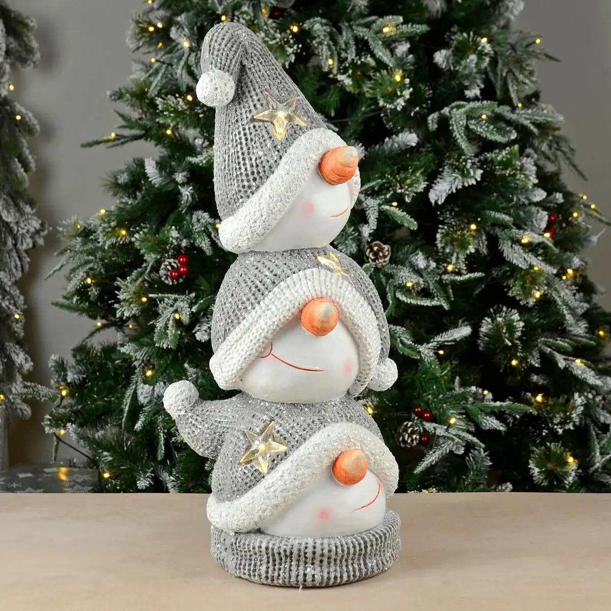 Snowman Stack Light Up Christmas Decoration Grey White 55Cm 1