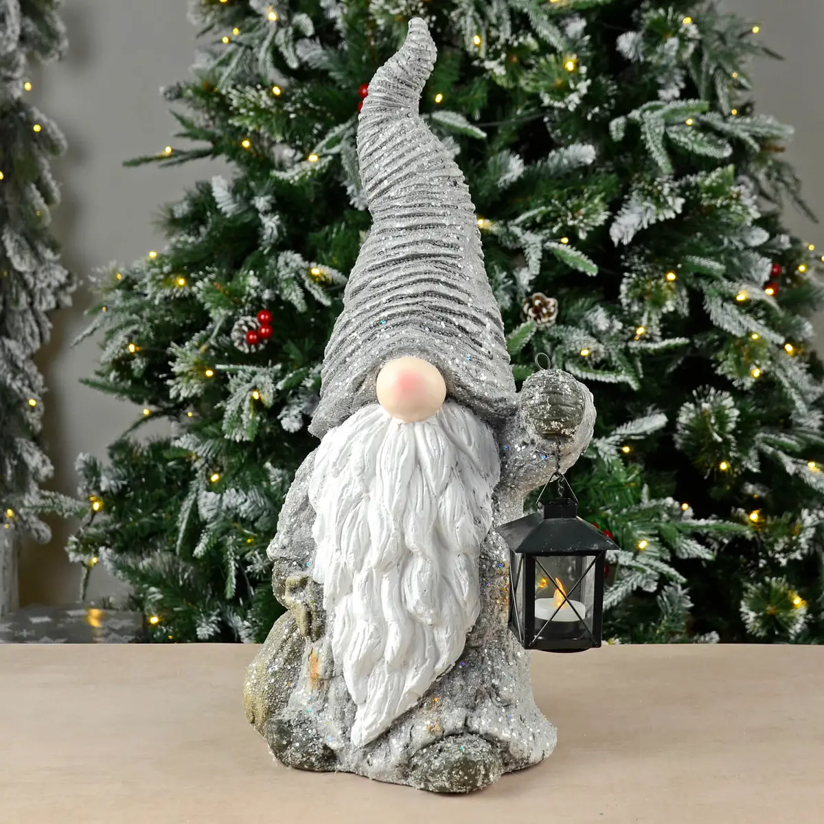 Gonk With Lantern Christmas Decoration Grey White Ceramic 53Cm 1