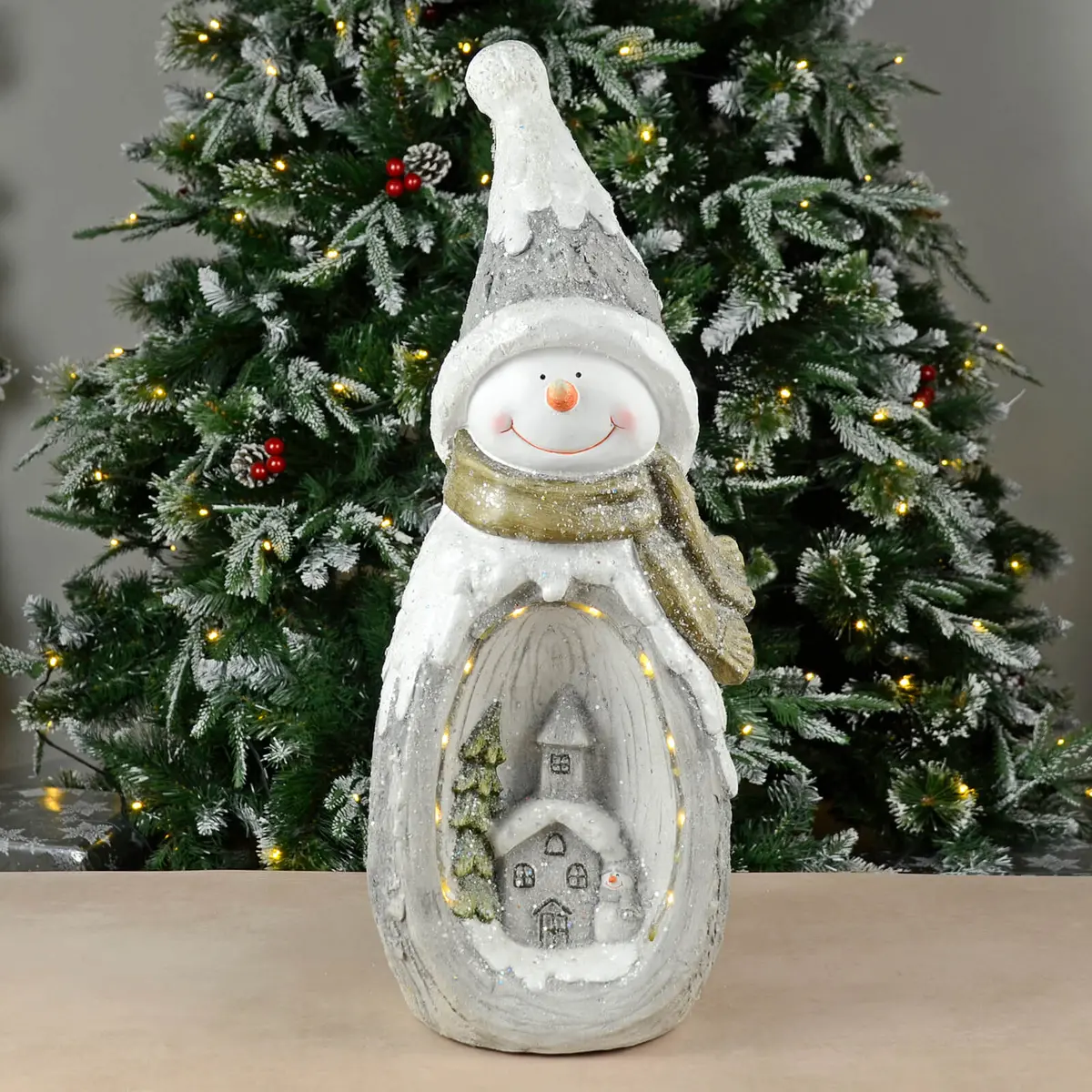 Led Snowman With Church Scene Christmas Decoration Grey White 63Cm 1