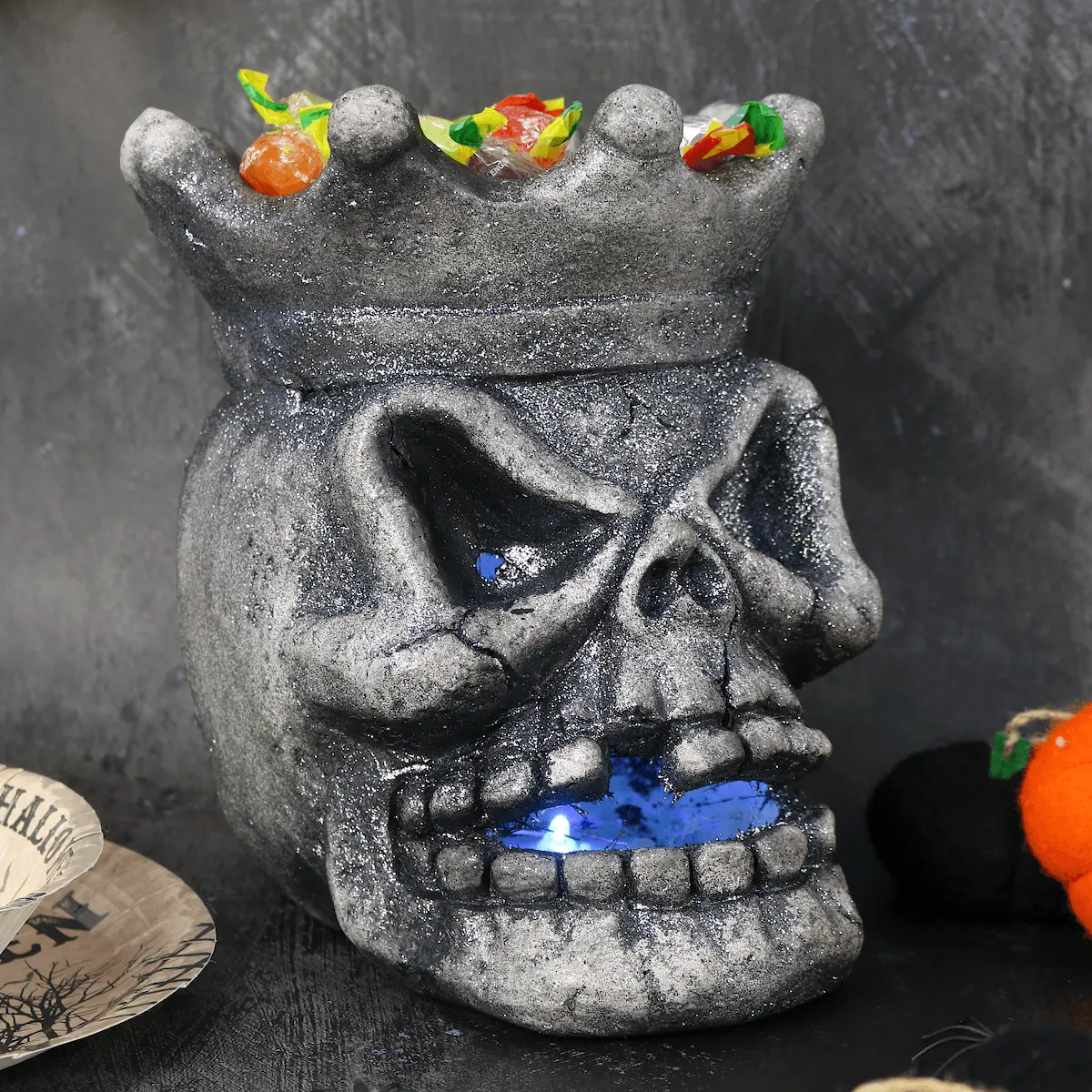 Light Up Skull Crown Candy Holder Halloween Decoration Grey 24Cm 1