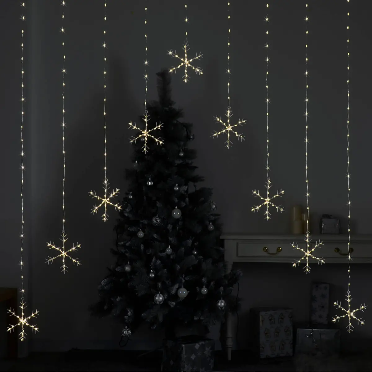 Led Curtain Lights 9 String Static Warm White Snowflake Star 1.2M 1