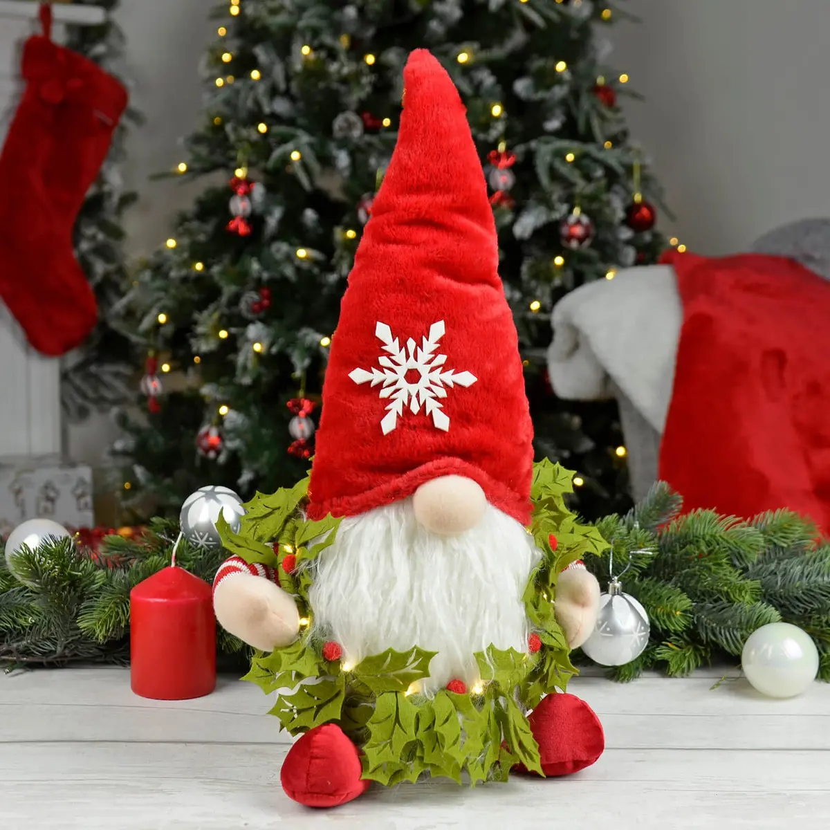 Christmas Gonk With Light Up Holly Wreath Decoration Red 45Cm 1