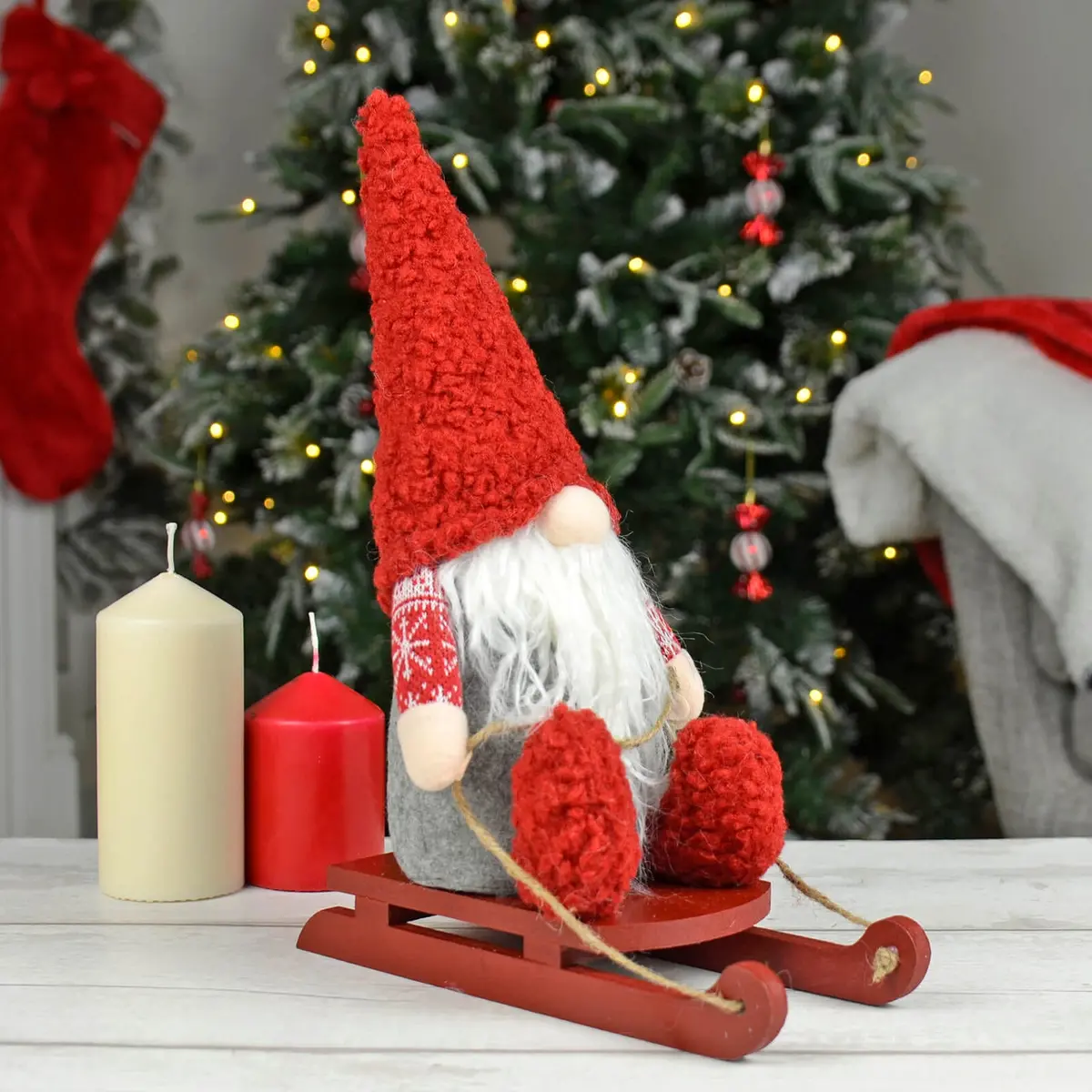 Christmas Gonk On Wooden Sledge Decoration Festive Gnome 36Cm 1
