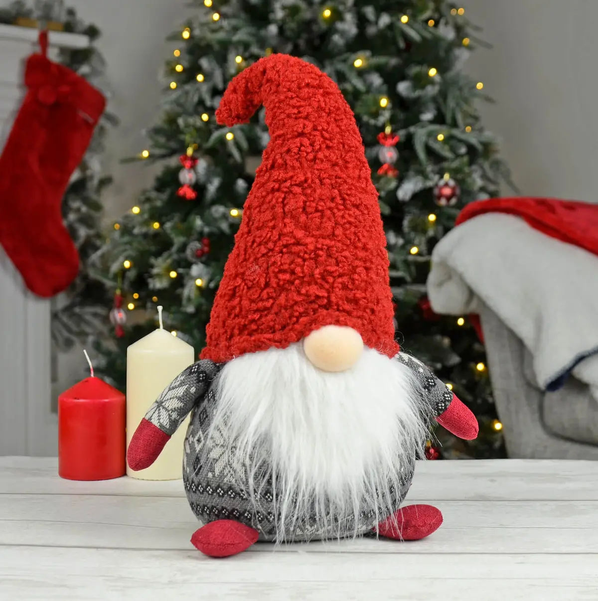 Christmas Gonk Decoration Fair Isle Jumper Grey Red Gnome 46Cm 1