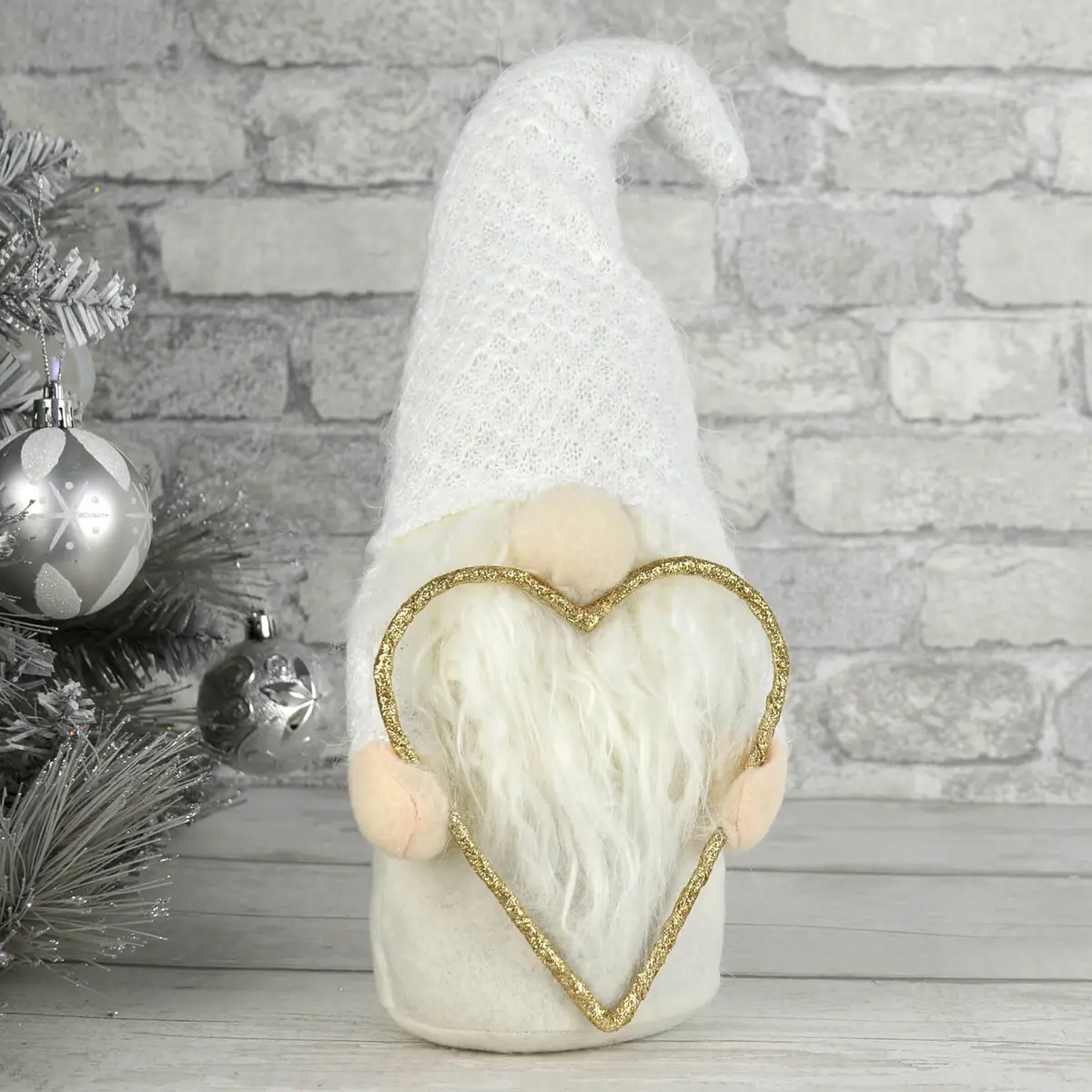 White Christmas Gonk With Gold Heart Decoration 36Cm 1