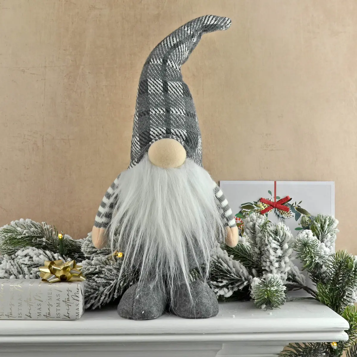 Christmas Gonk Figure Grey White Fabric Standing Decoration 41Cm 1