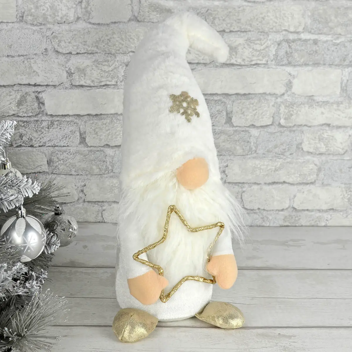 White Gonk With Gold Star Christmas Decoration 50Cm 1