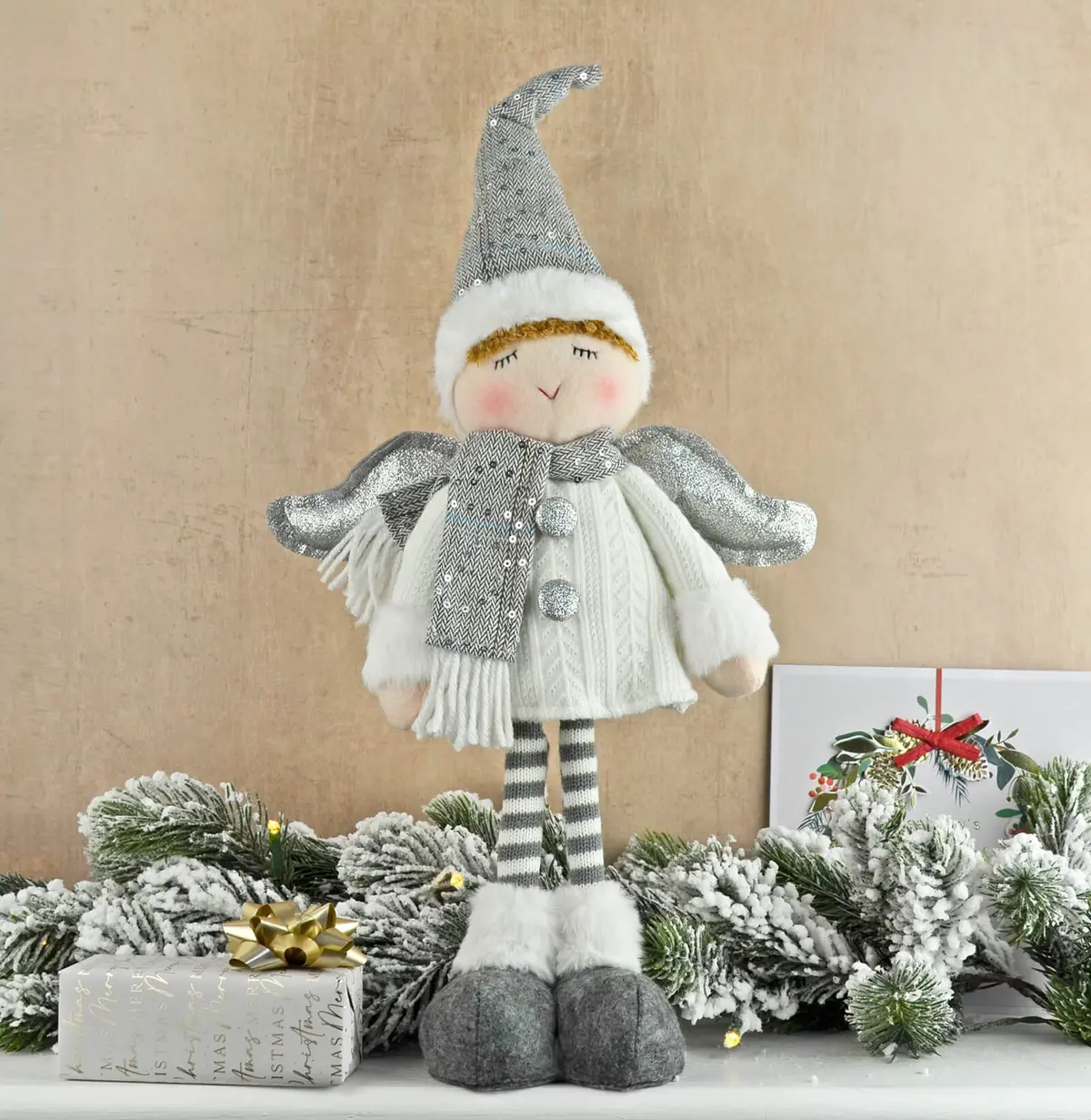 Christmas Fairy Standing Figure Grey White Silver Wings 41Cm 1