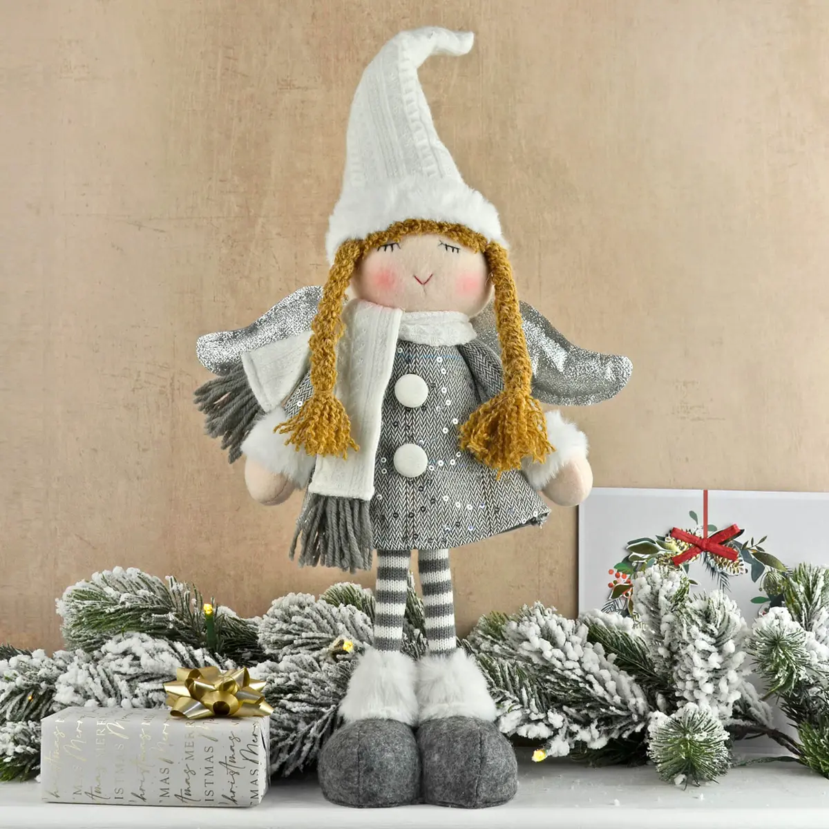 Christmas Fairy Standing Figure Grey White Silver Wings 41Cm 2