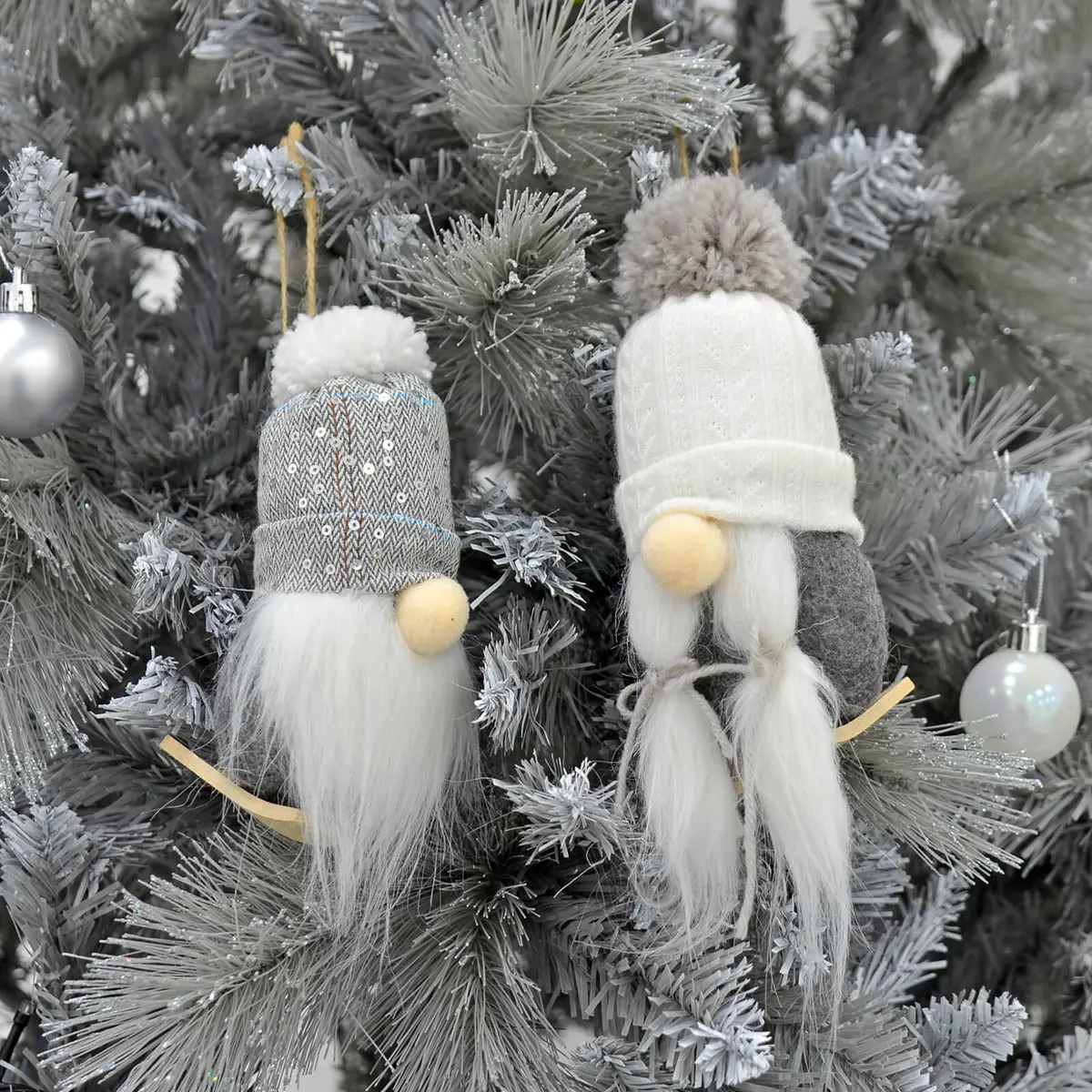 Pair Of Grey White Gonks Christmas Tree Decorations 17Cm 1
