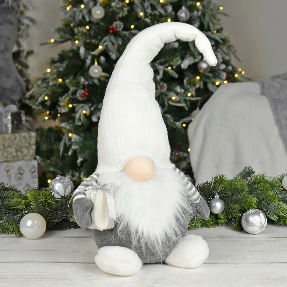Large Christmas Gonk Fabric Figure Grey White Decoration 64Cm 1