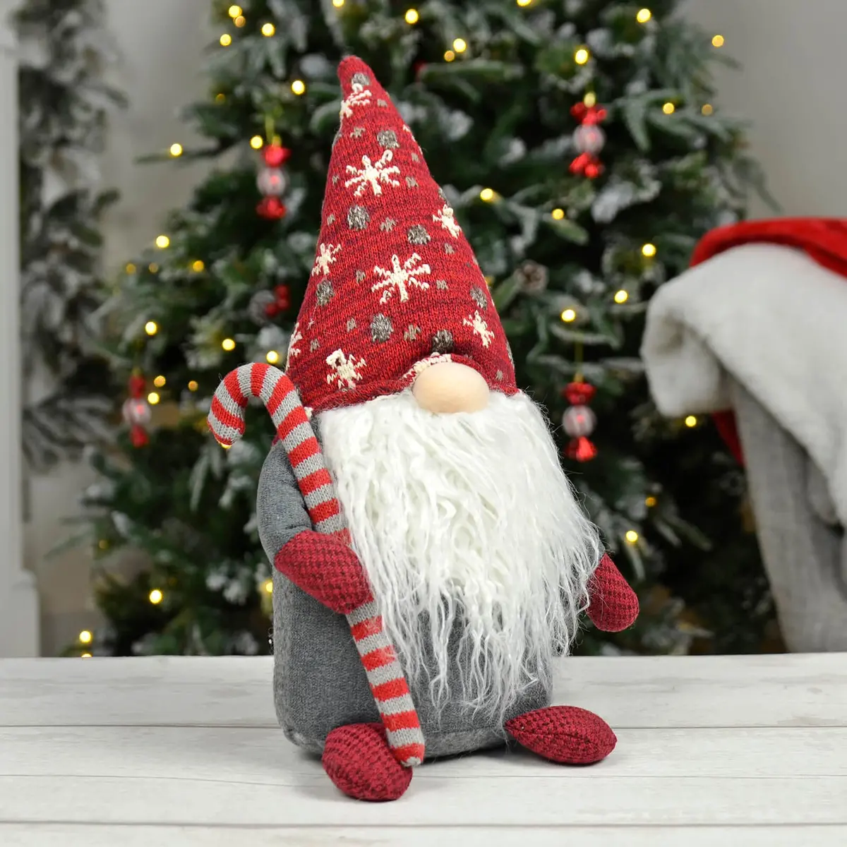 Christmas Gonk With Candy Cane Fabric Decoration Red Grey 39Cm 1