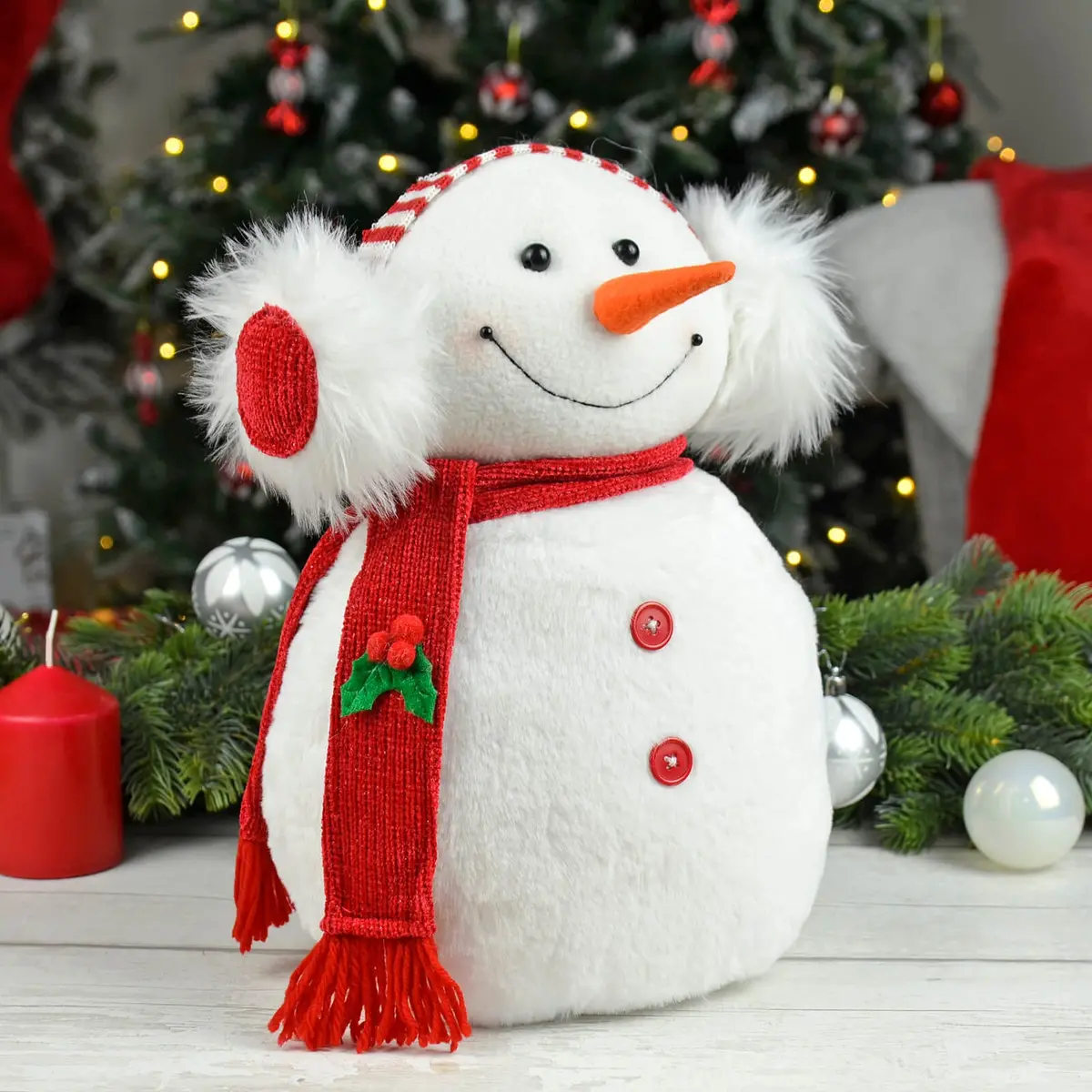 Snowman With Headphones Christmas Decoration White Red 35Cm 1