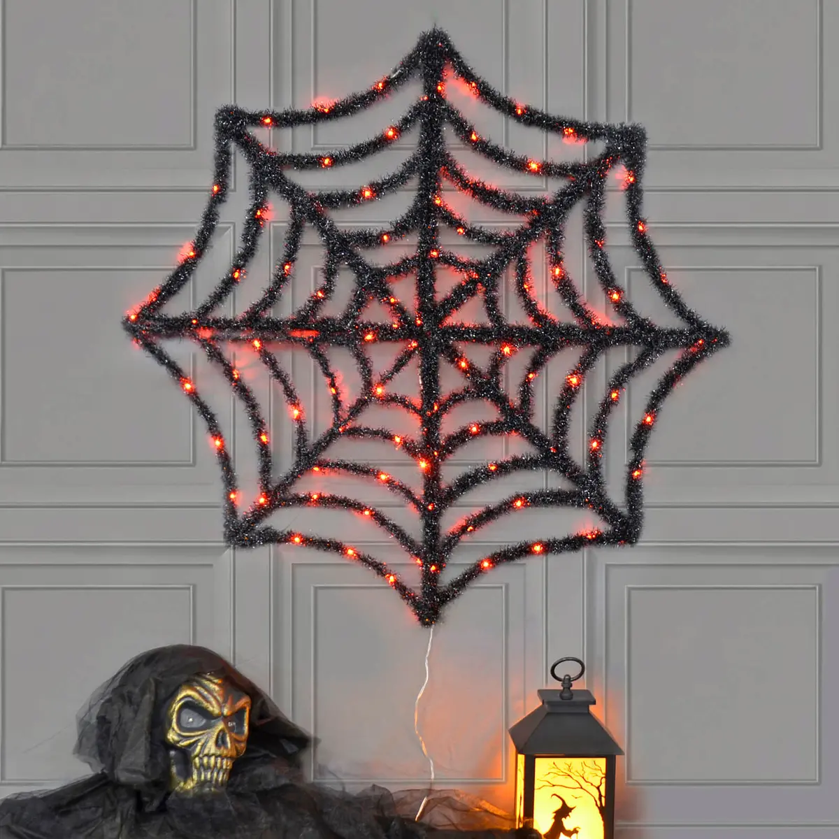 Light Up Spiders Web Black Tinsel Orange Led Decoration 80Cm 1