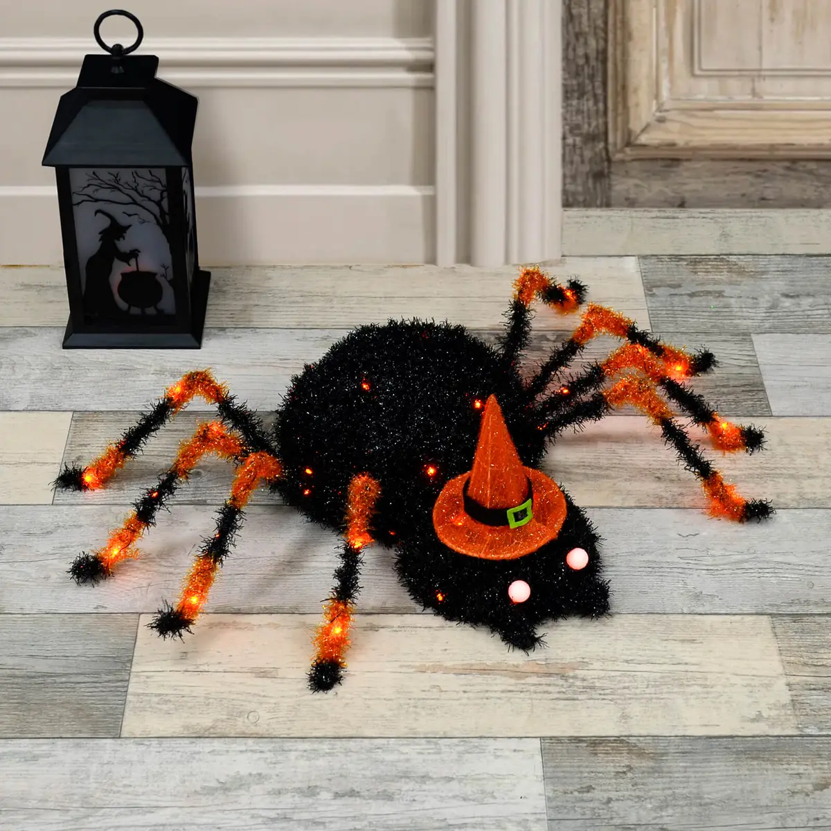 Light Up Spider With Hat Decoration Black Tinsel Orange Led 50Cm 1