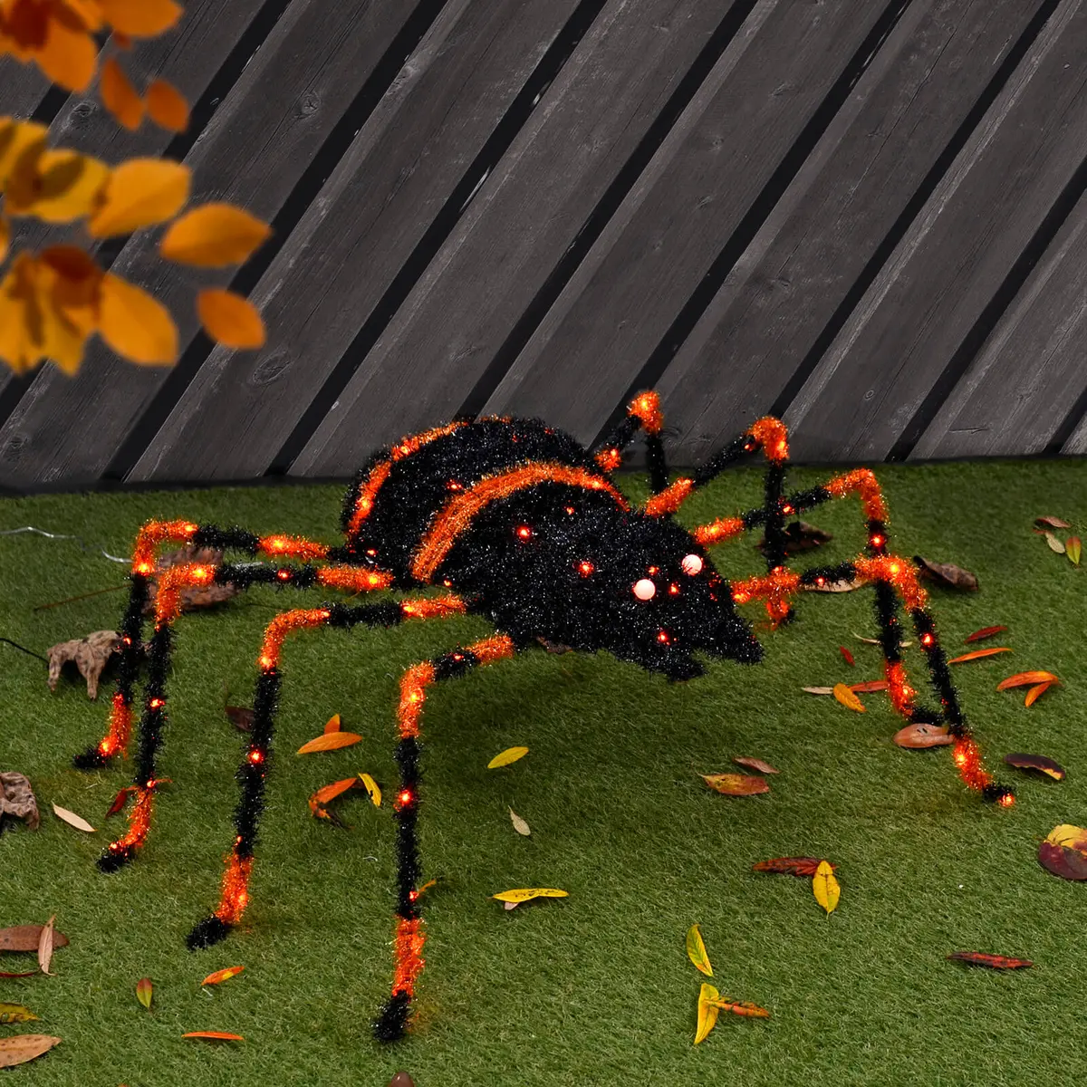 Large Light Up Spider Decoration Black Tinsel Orange Led 90Cm 1