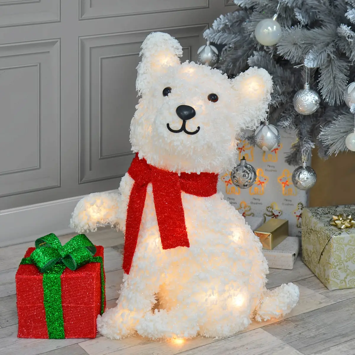 White Led Dog With Gift Christmas Decoration Tinsel Snow 56Cm 1