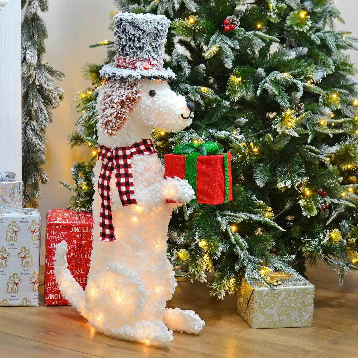 Large White Led Dog With Hat & Gift Christmas Decoration 94Cm 1