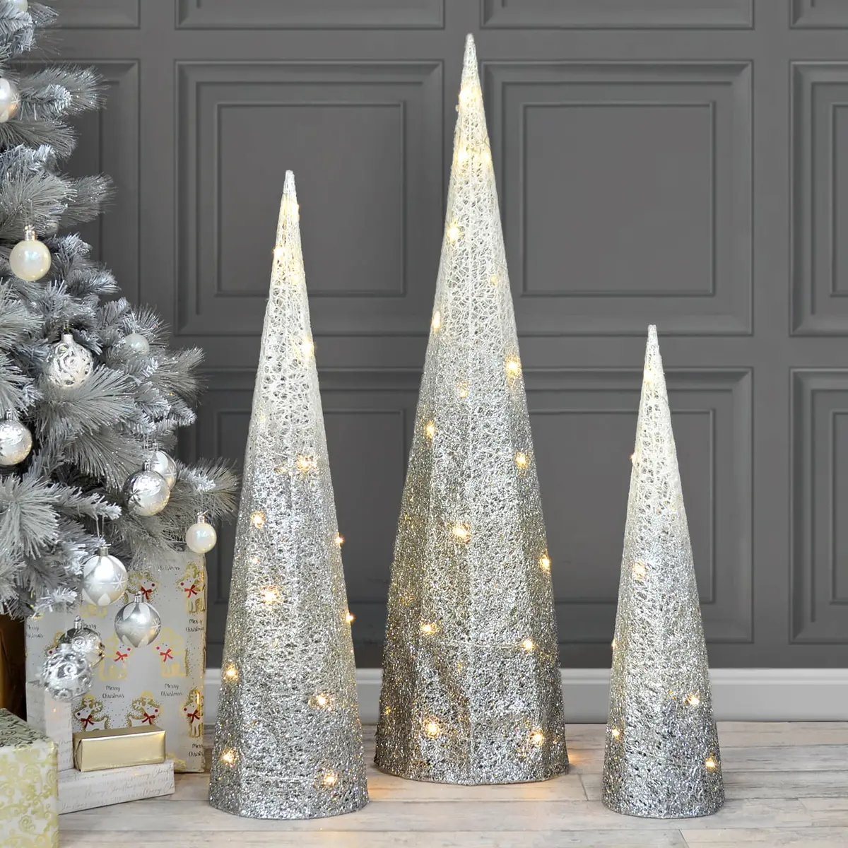 Set Of 3 Led Cone Christmas Trees White To Silver Glitter Mesh 1