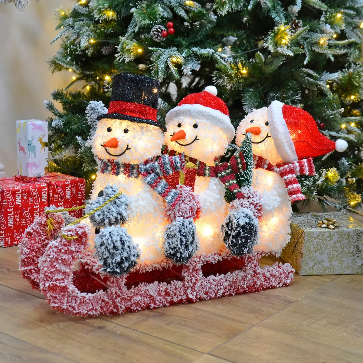 Large Light Up Snowmen On Sledge Christmas Decoration 72Cm 1