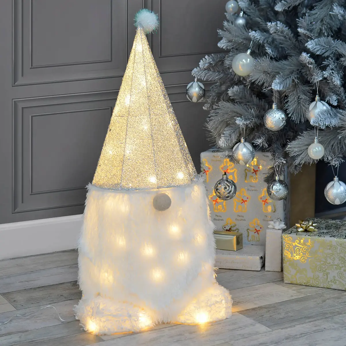 Light Up Gonk Christmas Decoration Gnome Silver Tinsel Hat 69Cm 1