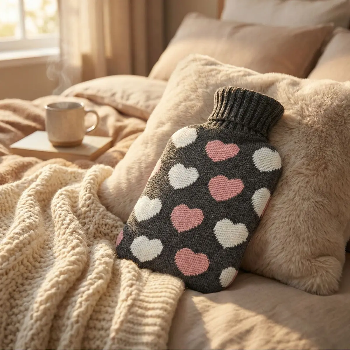 Hot Water Bottle 2 Litre Soft Knitted Cover Grey Pink 1