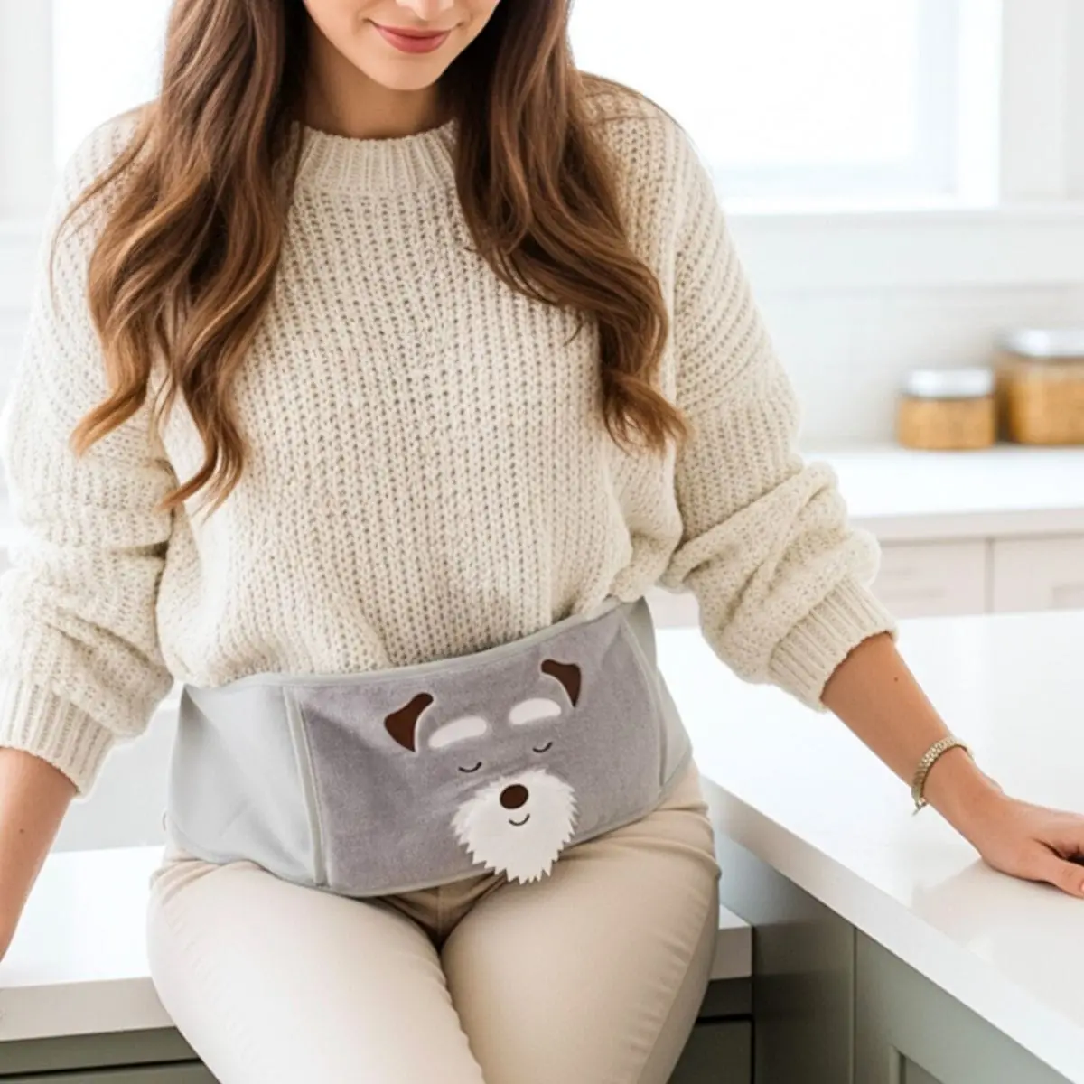 Wearable Hot Water Bottle Wrap Around Belt Pouch Grey Dog 1