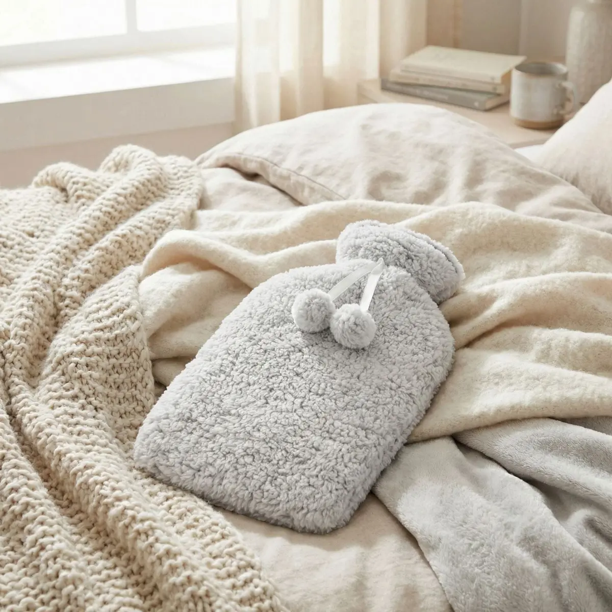 Hot Water Bottle Grey Luxury Sherpa Thick Fleece Cover 2 Litre 1