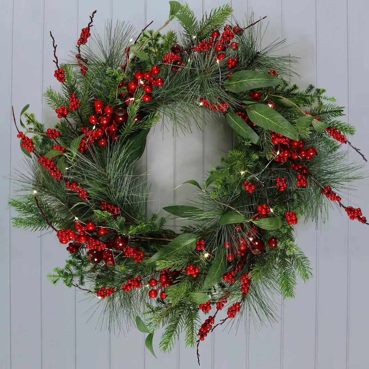 Red Berries Light Up Christmas Wreath Mixed Foliage 60Cm 1