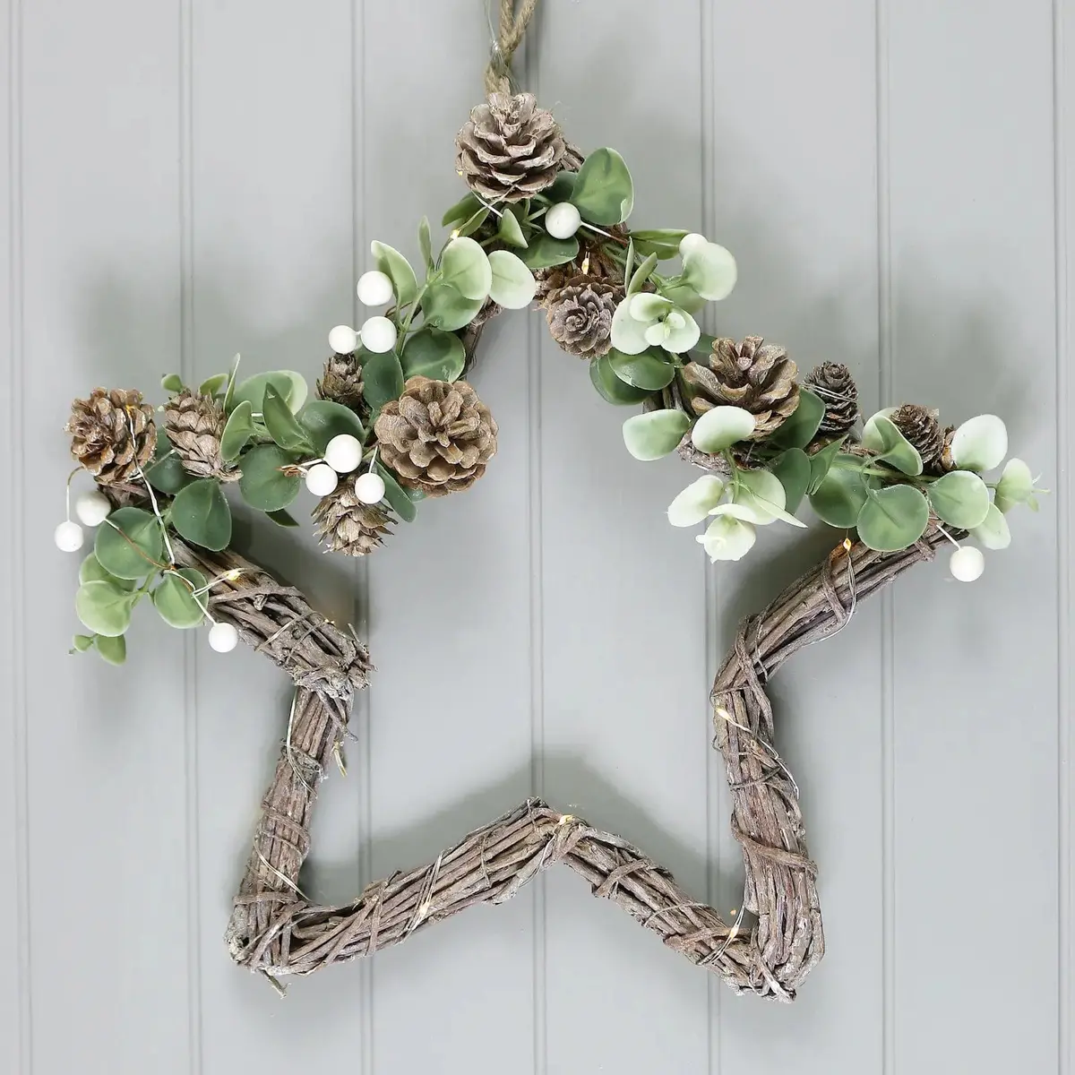 Light Up Christmas Star Twig Decoration Snowberry Pine Cones 30Cm 1