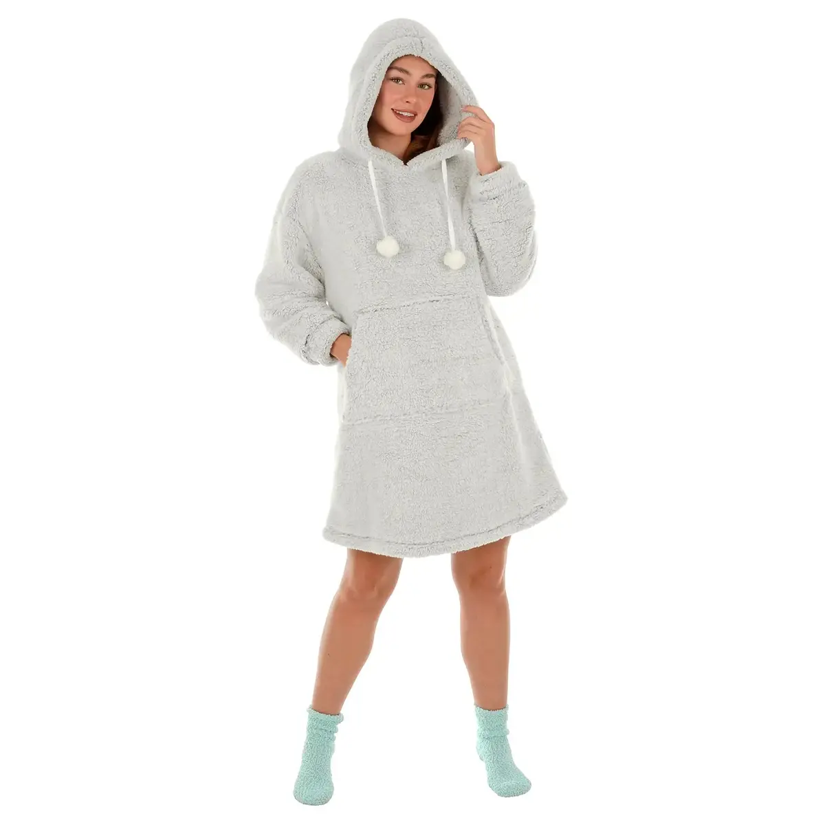 Womens Sherpa Fleece Hoodie Top Thick Plush Loungewear Grey 1