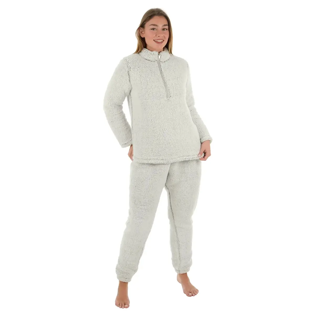 Womens Sherpa Fleece Pyjamas Pjs Twosie Plush Loungewear Grey 1