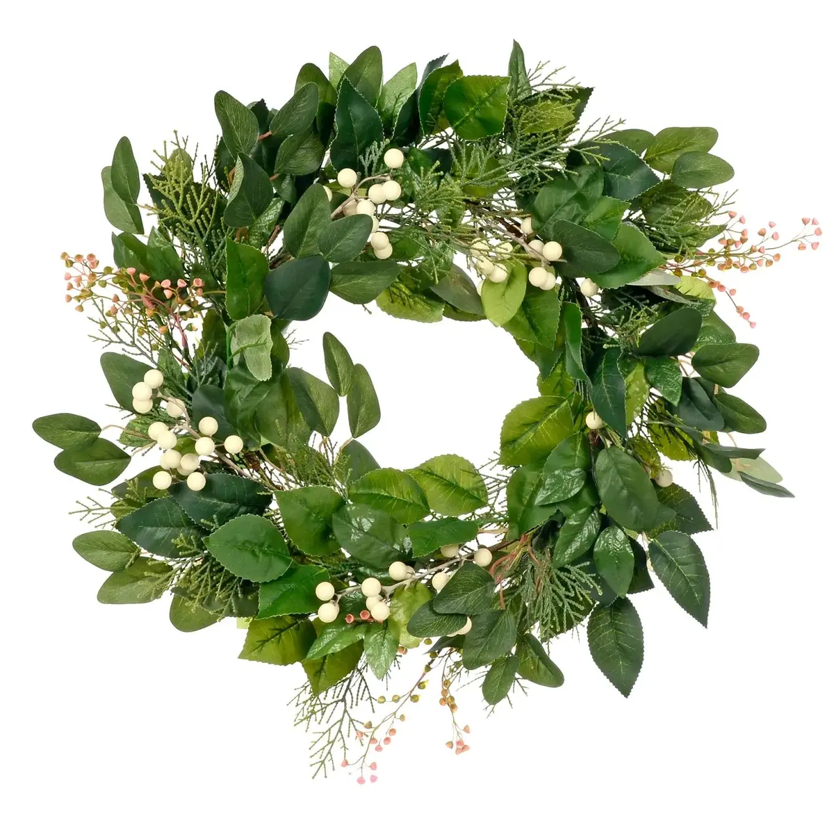 Christmas Wreath Snowberries Pink Green Mixed Branches 60Cm 1