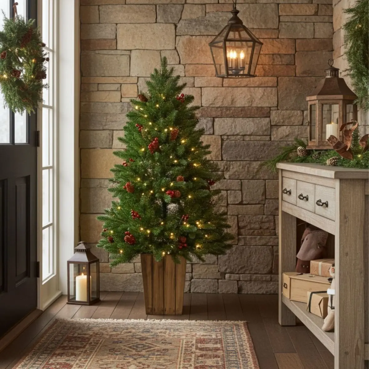 4Ft (1.2M) Pre-Lit Christmas Tree Red Berries Cones Wood Grain Pot 1