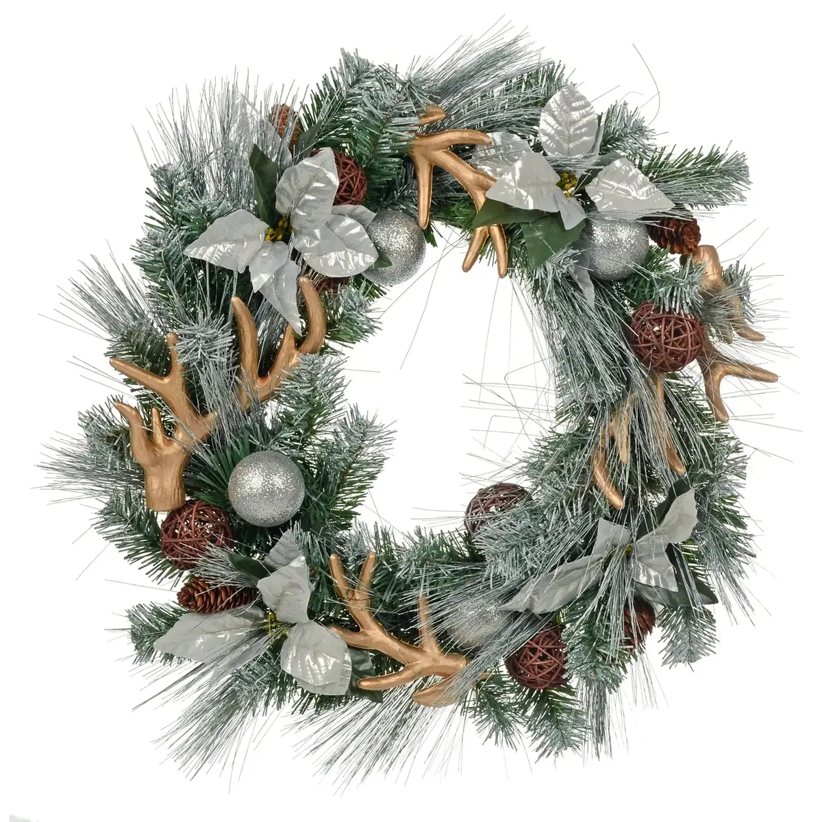 Gold Silver Christmas Wreath Frosted Pine Antlers Flowers 60Cm 1