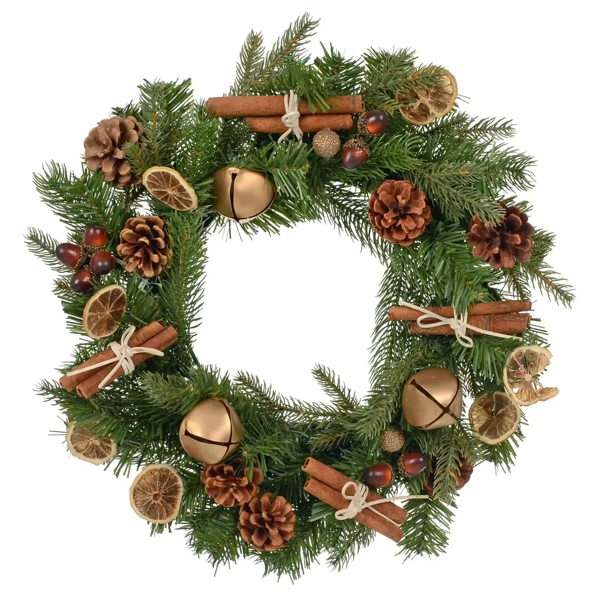 Woodland Christmas Wreath Gold Bells Acorns Orange Cinnamon 40Cm 1
