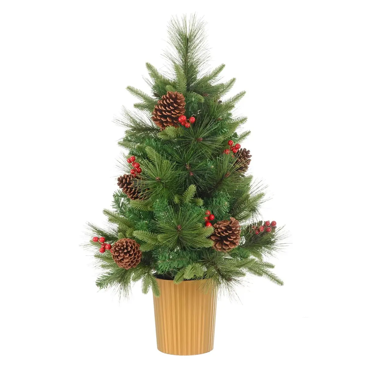 3Ft (90Cm) Christmas Tree Red Berries Cones Mixed Pine Gold Pot 1