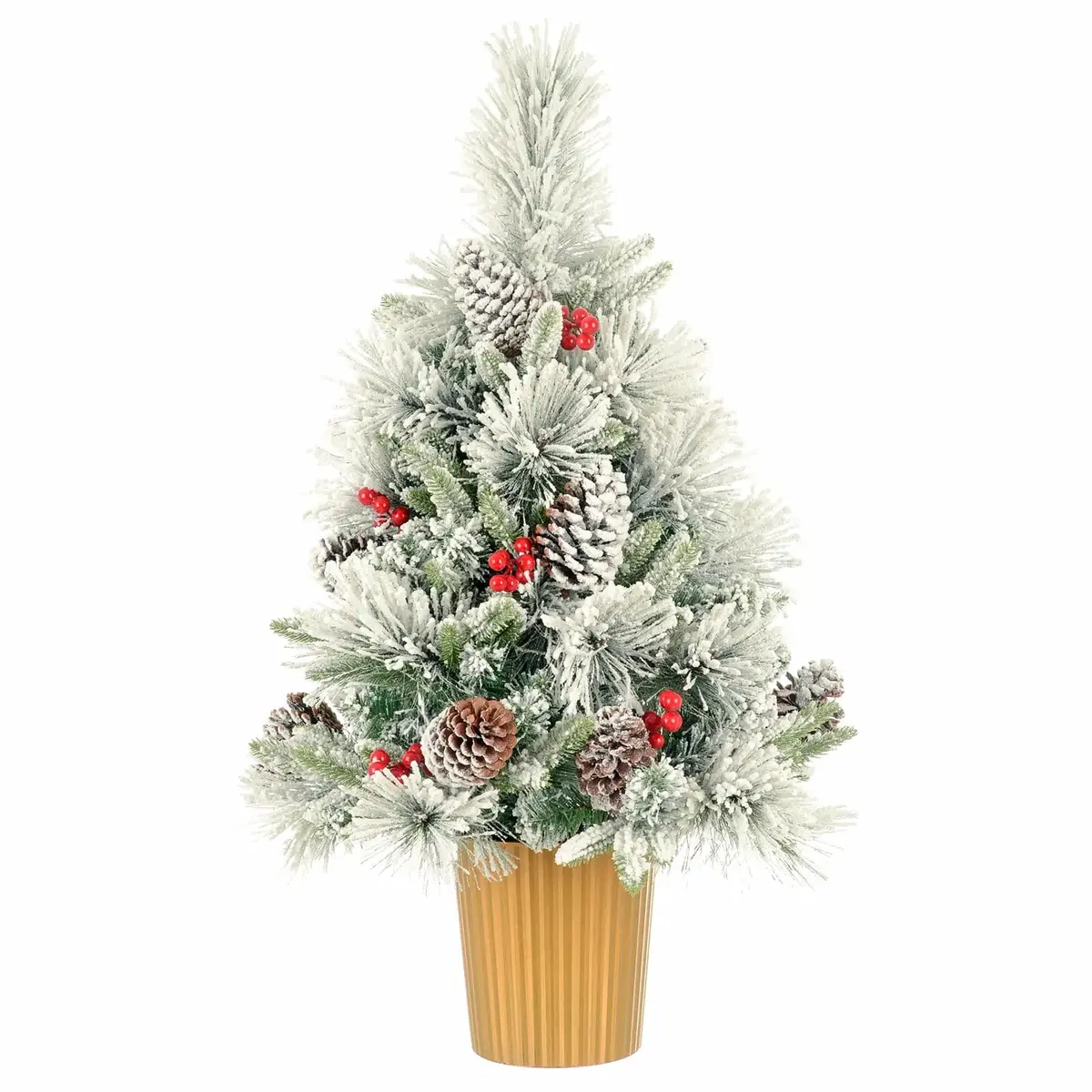 3Ft (90Cm) Christmas Tree Snow Flocked Cones Berries Gold Pot 1