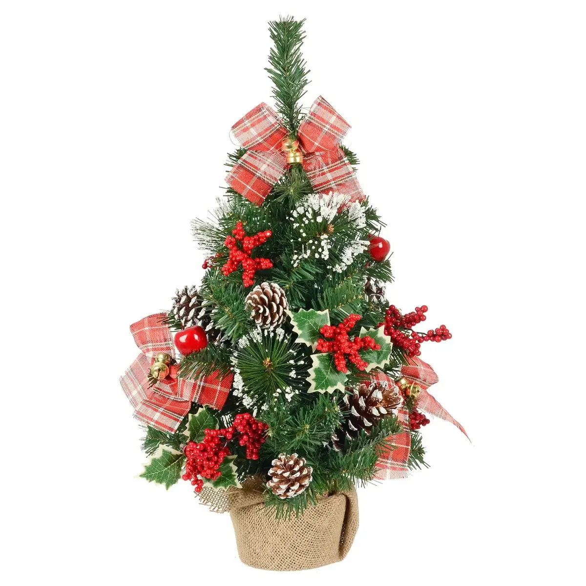 2Ft (60Cm) Christmas Tree Red Tartan Bows Berries Apples Jute Base 1