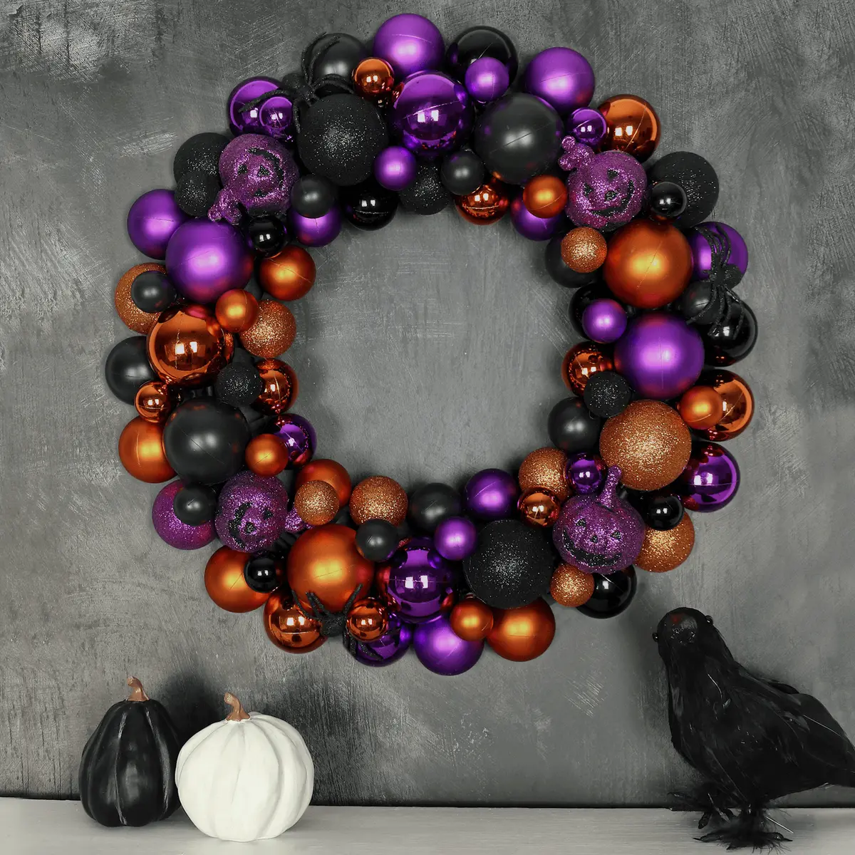Halloween Wreath Purple Black Baubles Glitter Spider 40Cm 1