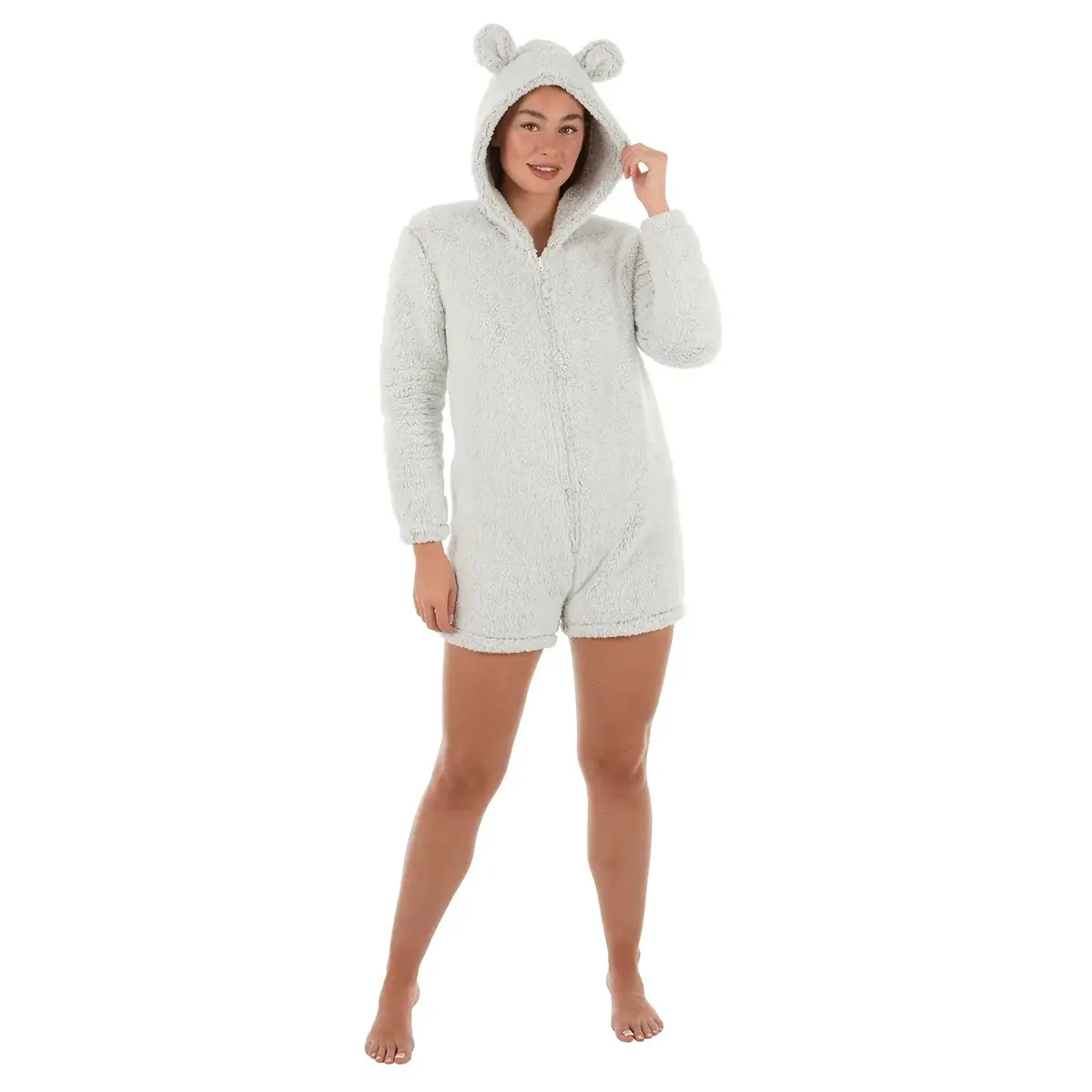 Womens Sherpa Fleece Hooded Romper Winter Casual Playsuit Grey 1