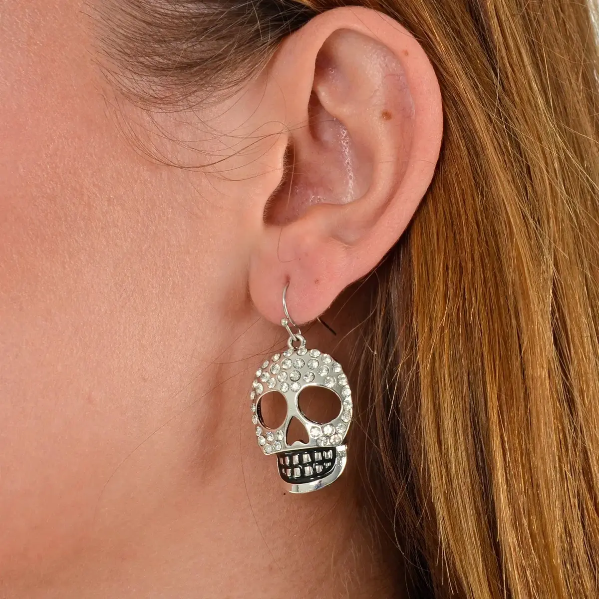 Silver Skull Drop Earrings Diamante Halloween Costume Jewellery 1