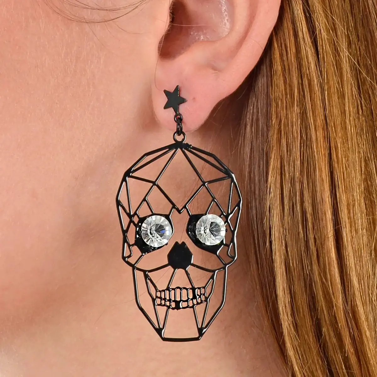Large Black Skull Drop Earrings Crystal Eyes Halloween Jewellery 1