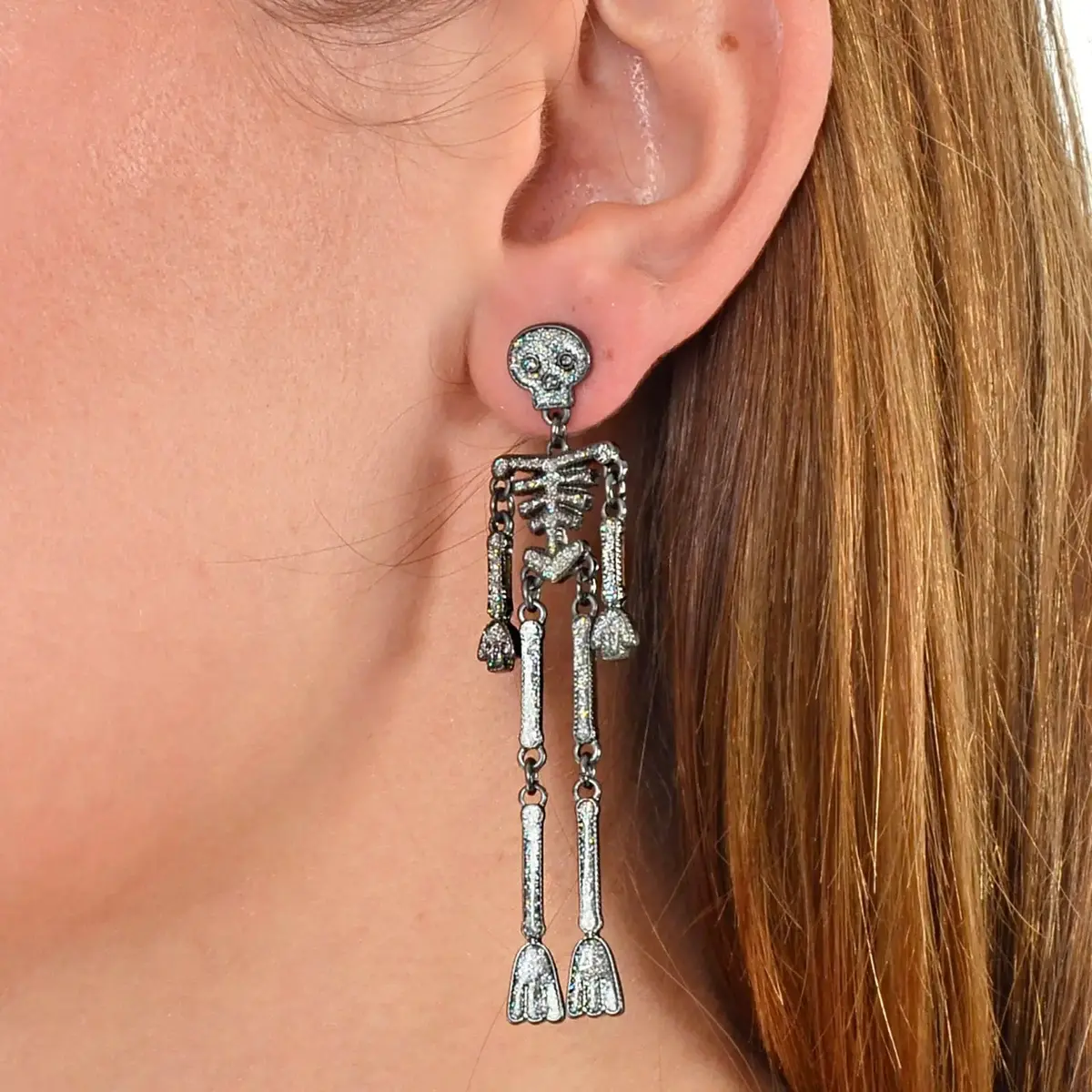 Dancing Skeleton Drop Earrings Silver Glitter Halloween Jewellery 1