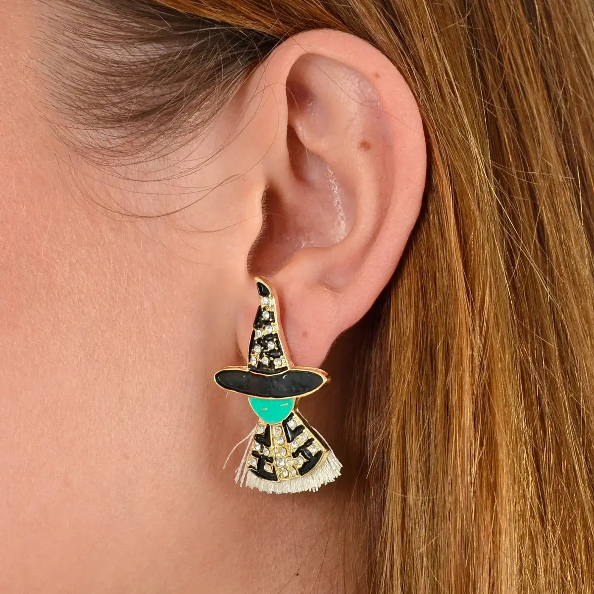 Witch Stud Earrings Diamante Black Green Halloween Jewellery 1