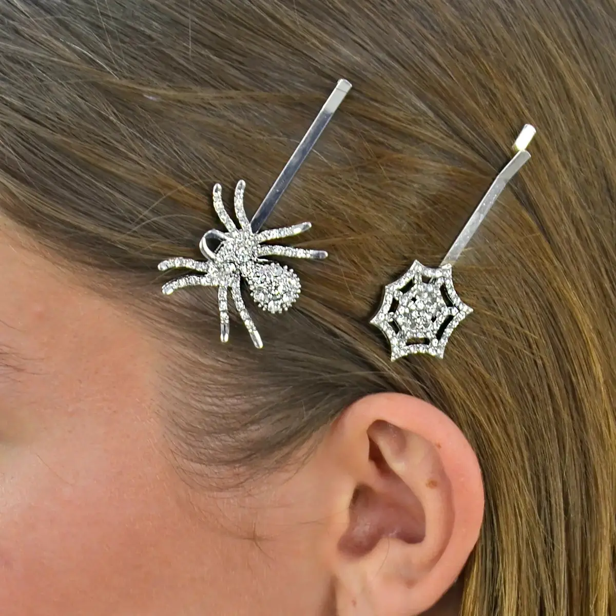 Spider & Web Halloween Hair Slides Set Silver Diamante Clips 1
