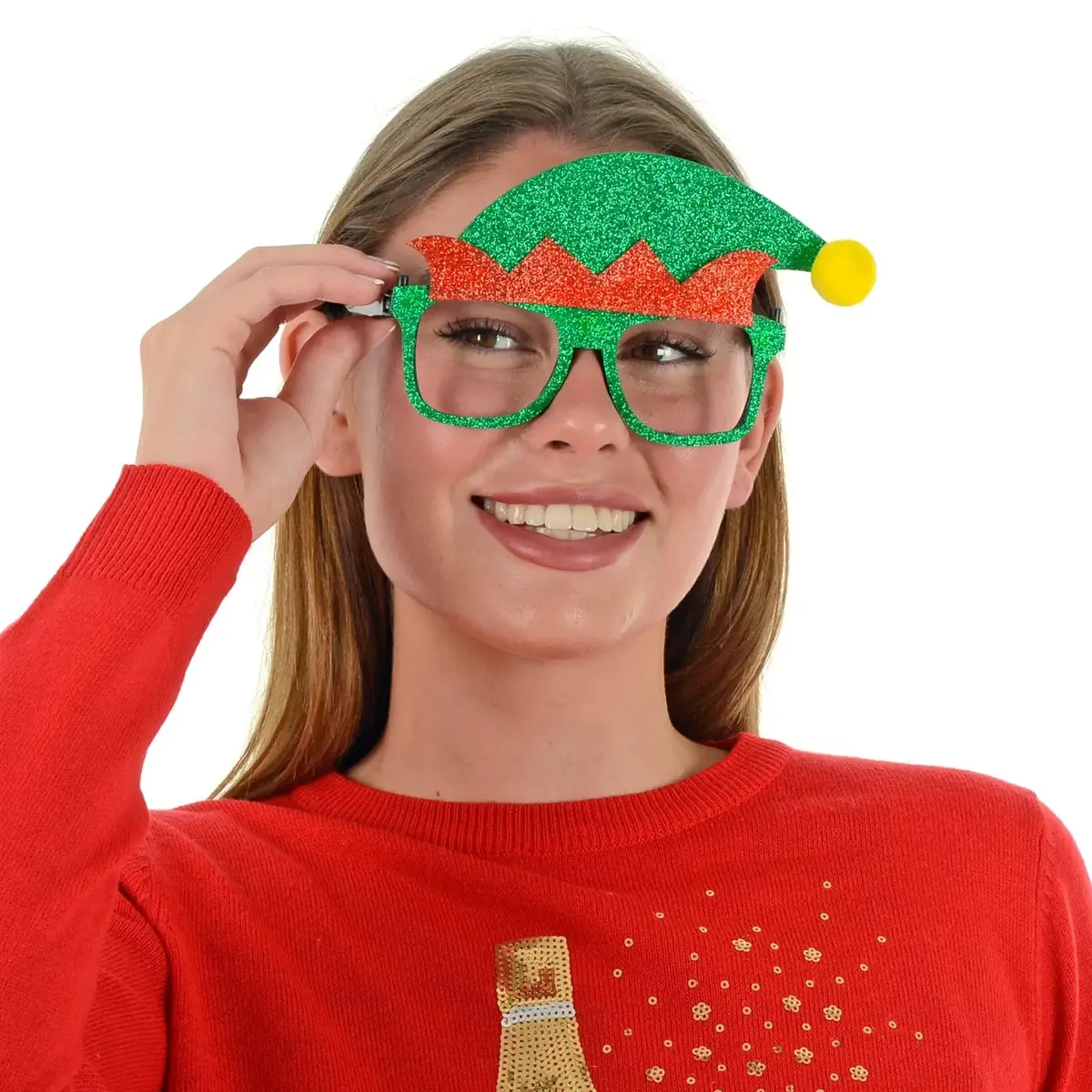 Novelty Elf Christmas Glasses Green Red Glitter Party Specs Fun 1