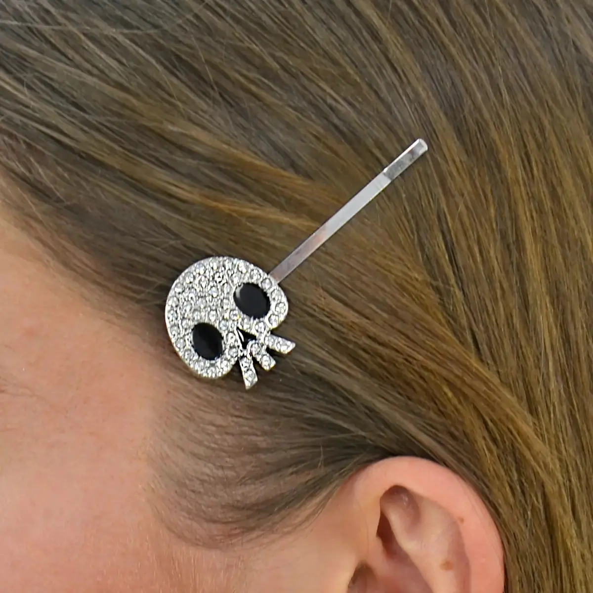 Skulls Halloween Hair Slides Set Of 2 Diamante Black Silver Clips 1