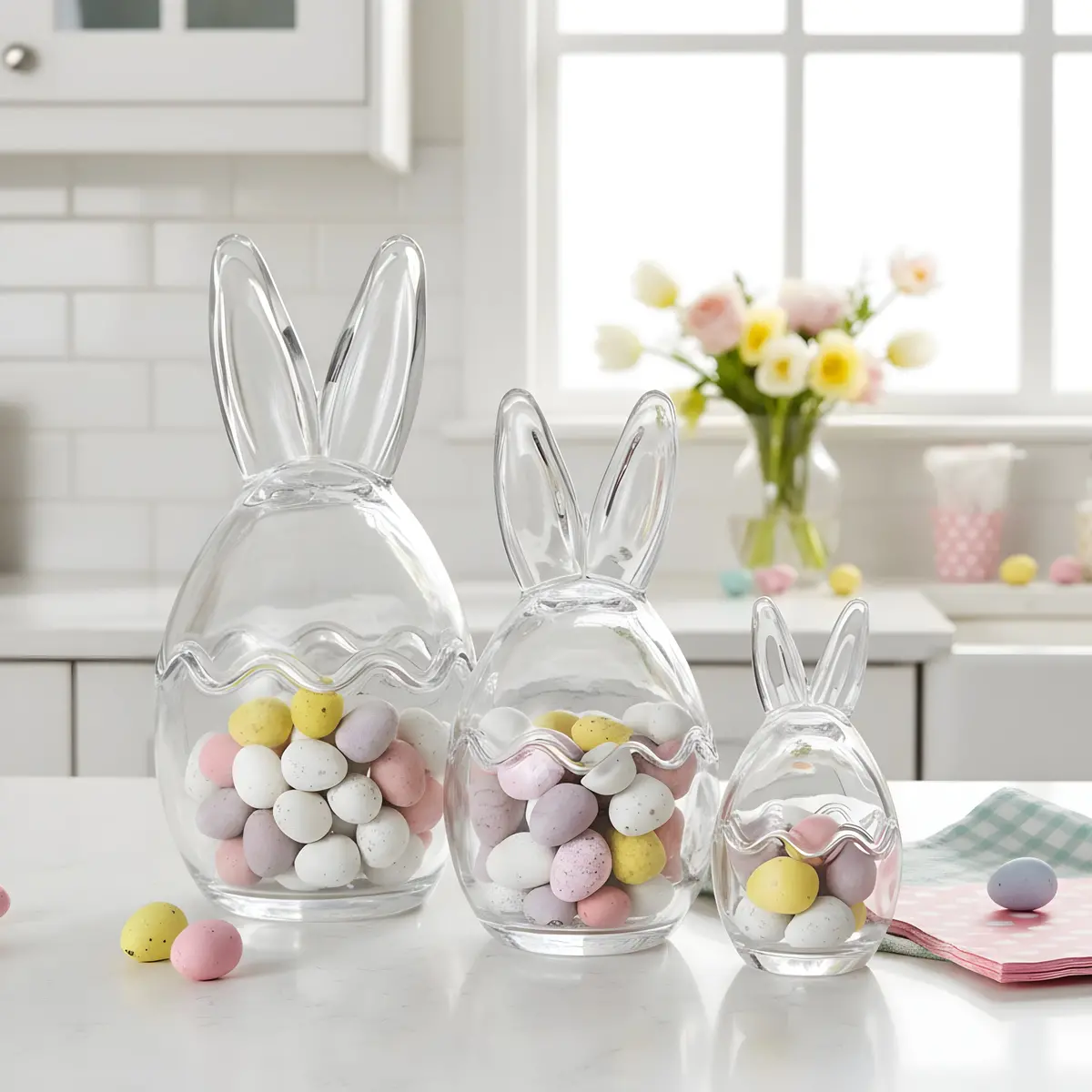Set Of 3 Easter Bunny Ears Glass Treat Sweets Storage Jars 1